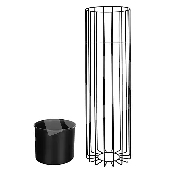 Metāla dizaina puķu pods no tērauda stieņiem melnā krāsā un plastmasas groza melnā krāsā, platums 20 cm, augstums 70 cm