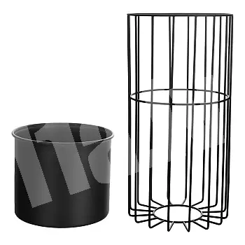 Metalinio dizaino gėlių vazonas iš juodų plieninių strypų ir plastikinio krepšelio juodos spalvos plotis 20 cm, aukštis 42 cm