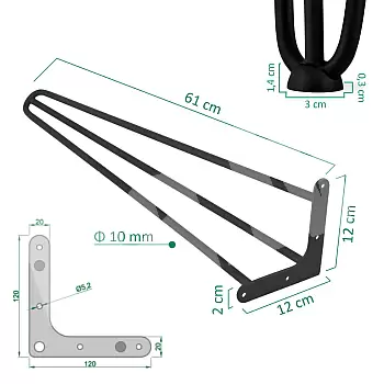 Decorative table legs made of 3 solid steel rods with diameter 10 mm, height 61 cm, black, white, grey or golden color