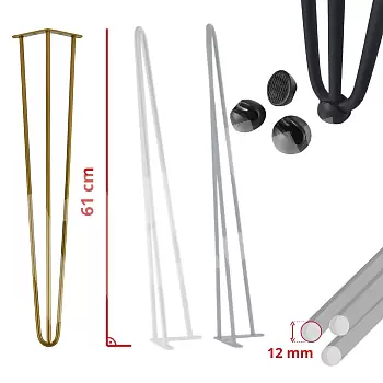 Table legs made of three solid steel rods, diameter 12 mm, height 61, set of 4, black, white, grey or golden colors