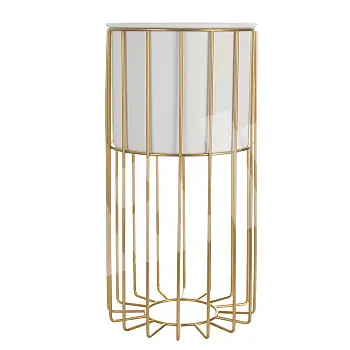 Metal designed flower pot made of steel rods golden color and plastic basket white color, width 20 cm, height 46 cm