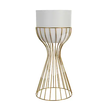 Metal designed flower pot made of steel rods golden color and plastic basket white color, width 20 cm, height 46 cm