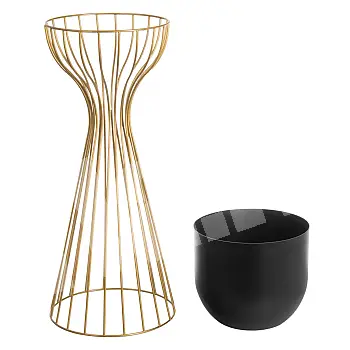 Metalo dizaino gėlių vazonas iš plieninių strypų auksinės spalvos ir plastikinio krepšelio juodos spalvos, plotis 20 cm, aukštis 55 cm
