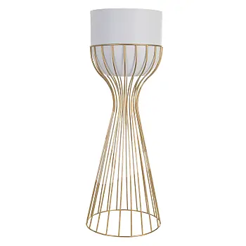 Metal designed flower pot made of steel rods golden color and plastic basket white color, width 20 cm, height 55 cm