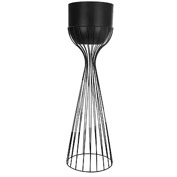 Plieninis gėlių stovas iš lenktų juodos spalvos plieno strypų ir juodo plastikinio krepšelio, aukštis 68 cm, plotis 20 cm