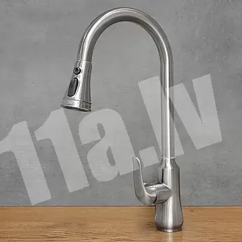 Nerūsējošā tērauda virtuves jaucējkrāns ar izvelkamu snīpi, augstums 46 cm, izteka garums 17,5 cm, krāsa: tērauda pelēka