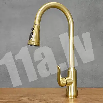 Nerūsējošā tērauda jaucējkrāns, Izvelkams snīpis, augstums 46 cm, izteka garums 17,5 cm, krāsa: Antīks misiņš