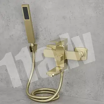 Moodsa välimusega seinale paigaldatav vannisegisti dušitoruga, kõrgus 15 cm, laius 20 cm, antiikne messingvärv, viimistlus harjatud