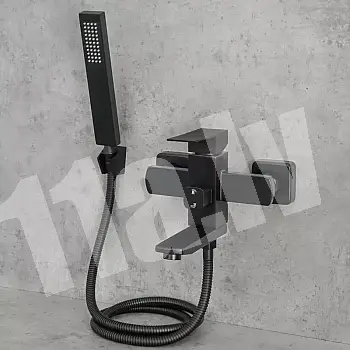 Modern-look wall-mounted bathtub faucet with a shower handset, height 15 cm, width 20 cm, color: black, finish: brushed