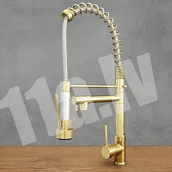 Two spouts kitchen faucet made from brass in antique gold color, industrial-look, rotating spout with constant flow and pull-out spout with a shower jet, total height 54 cm