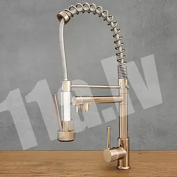 Two spouts kitchen faucet made from brass in Rose gold, industrial-look, rotating spout with constant flow and pull-out spout with a shower jet, total height 54 cm