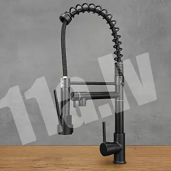 Modern interior brass kitchen tap in black color with two rotatable spouts, height 54 cm, pull out spout with shower water jet