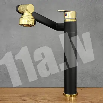 360 degree rotating kitchen tap made of stainless steel, height 30,5 cm, spout length 20 cm, color black and gold, matte, glossy