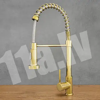 Industrial style kitchen faucet made of brass with 360 degree rotatable spout, height 47 cm, spout length 18 cm, antique gold, polished