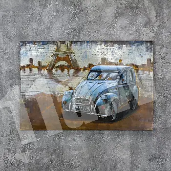 3D metal painting old small blue auto, 120x80cm