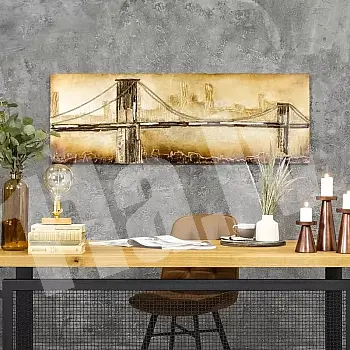 3D metal painting, wall decor, the old bridge in the fog, dimensions 70x160cm