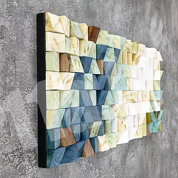 Koka 3D sienas māksla, abstrakta mozaīka, izmēri 122 cm x 55 cm