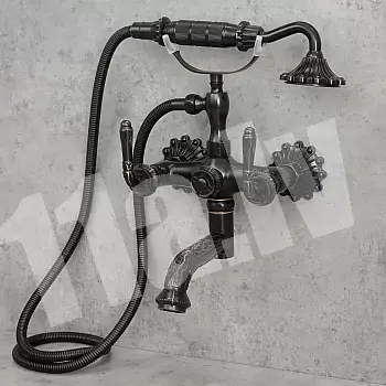 Bath water mixer made of brass, wall-mounted, height 340 mm, with 200 mm, color: black