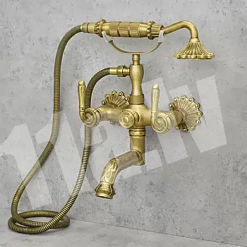 Bath water mixer made of brass, wall-mounted, height 34 cm, width 20 cm, gold color