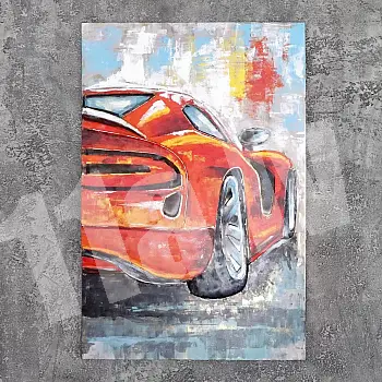3D mākslas darbs, metālmāksla, sarkans sporta auto, 80x120 cm