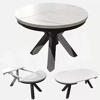 Compact round extendable dining table, 3 sizes in one table, diameter 100 cm, extended table length 138 cm and 176 cm, laminate top colours black, white, oak, marble, concrete