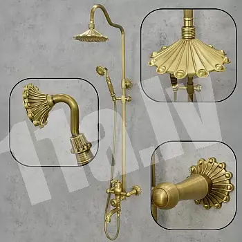 Brass shower set in retro style with flower accents, 3-function shower system includes rainfall shower, handheld shower and bath tap
