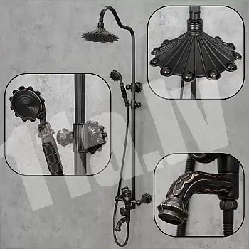 Brass shower set in retro style with flower accents, black colour, 3-function shower system includes rainfall shower, handheld shower and bath tap