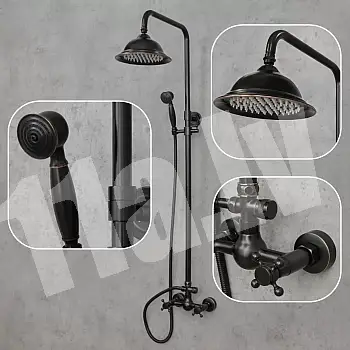 Retro style brass shower system in black colour, with rainfall shower and hand shower, total height 130 cm