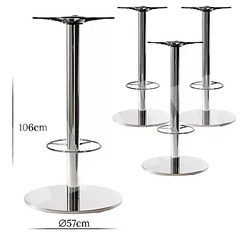 HORECA central table bases for bar tables with leg support, made from stainless steel, height 106 cm, polished or satin, 4 pcs, for tabletops up to D90cm