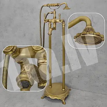 Vintage stiliaus laisvai pastatomas vonios čiaupas su rankiniu dušu, pagamintas iš žalvario su 3D tekstūromis, antikvarinės žalvario spalvos, aukštis 104 cm