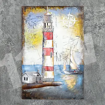 3D metallikunst Purjekas meres ja majakas, mõõdud 120x80 cm