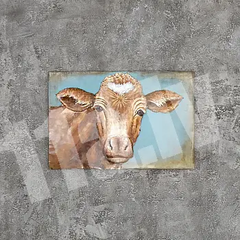 3D metal decor, a brown cow with a heart on its forehead on blue background, horizontal orientation, dimensions 90x60cm