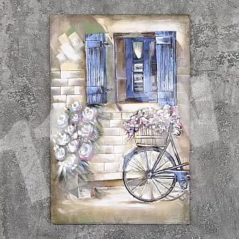 3D metal wall decor, blue window with shutters, flowers, bicycle, flower basket, Greek mood, dimensions 80x120cm
