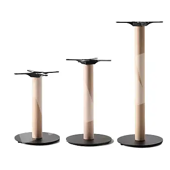 Massive central table leg, steel bottom plate and raw wooden beech column, different heights for coffee, dinning and bar tables, weight 15 kg, for tabletops up to D80 cm