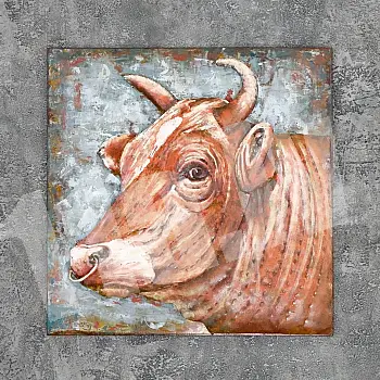 3D metal wall decor, a brown cow with a nose ring, 80x80cm
