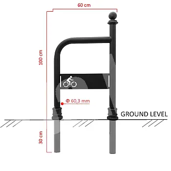 Galvanized and black painted bicycle stand, retro style 100x60 cm with cast iron decorative elements and bike logo, in-ground concrete installation