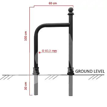 Galvanized and black painted bicycle stand, retro style 100x60 cm with cast iron decorative elements, in-ground concrete installation