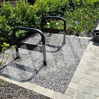 Bicycle stand, galvanized and black painted, retro style, height 80 cm, length 80 cm, with cast iron decorative elements and bike logo, concreteable into ground