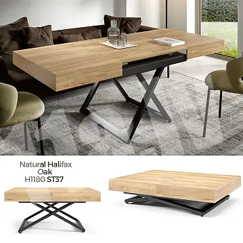 Daudzfunkcionāls izvelkamais kafijas galdiņš un pusdienu galds ar regulējamu 27-80 cm augstumu, 3 in 1 garums 120 cm / 160 cm / 200 cm, lamināta virsma krāsas melns, balts, ozols, betons