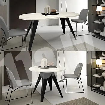 Round extendable dining table, diameter 120 cm, extended table length 158 cm, 196 cm, height 76 cm, metal legs black or white, laminate top, different colors choice
