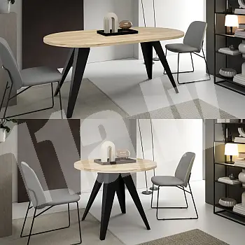 Round extendable dining table, diameter 100 cm, extended table length 138cm, 176 cm, height 76 cm, metal legs black or white, laminate top, different colors choice