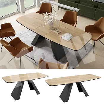 Išplečiamas ovalo formos stačiakampis valgomojo stalas - 180/220 cm, Plotis: 90 cm, Aukštis: 76 cm, modernios juodos metalinės kojos, patvarus laminuotas paviršius su 6 spalvų pasirinkimais.
