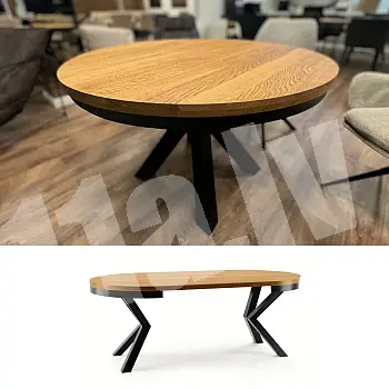 Apaļš izvelkamais pusdienu galds ar masīvkoka virsmu un melnām kājām, diametrs 100 cm vai 120 cm, maksimālais garums 176 cm vai 196 cm