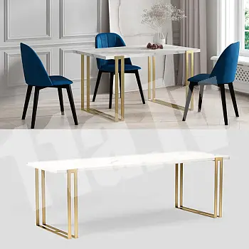 Rectangular extendable dining table with golden steel legs, 3 sizes in one table, length 120 cm / 140 cm / 160 cm, extendable with the 50 cm increment, max extended table length 220 cm / 240 cm / 260 cm, laminate top colours black, white, oak, marble, concrete