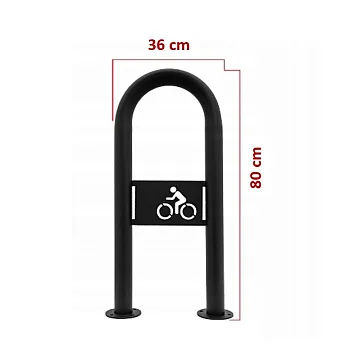 Outdoor metal bicycle parking rack with bicycle logotype, black color, dimensions 80x36 cm