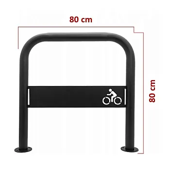 Lauko metalinis dviračių stovas su logotipu iš plieno, juodos spalvos, matmenys 80x80 cm