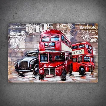 3D metalo meno kūrinys su ryškiu raudono Londono autobuso vaizdu, 120x60 cm