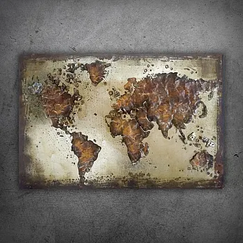 3D metal wall art of world map in brown tones “Industrial Earth: metallic cartography”, 70x120cm