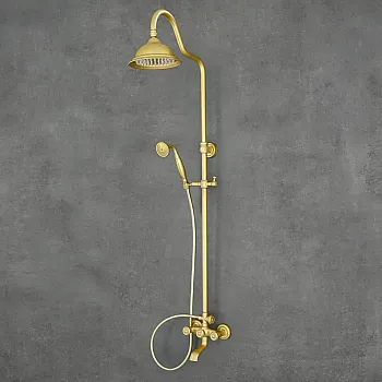 Geltona, retro stiliaus lietaus dušo sistema, pagaminta iš žalvario, aukštis 141 cm, lietaus dušo skersmuo 21 cm