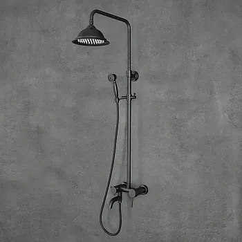 Retro style shower system made of brass with rain shower, height 129.5 cm, black color